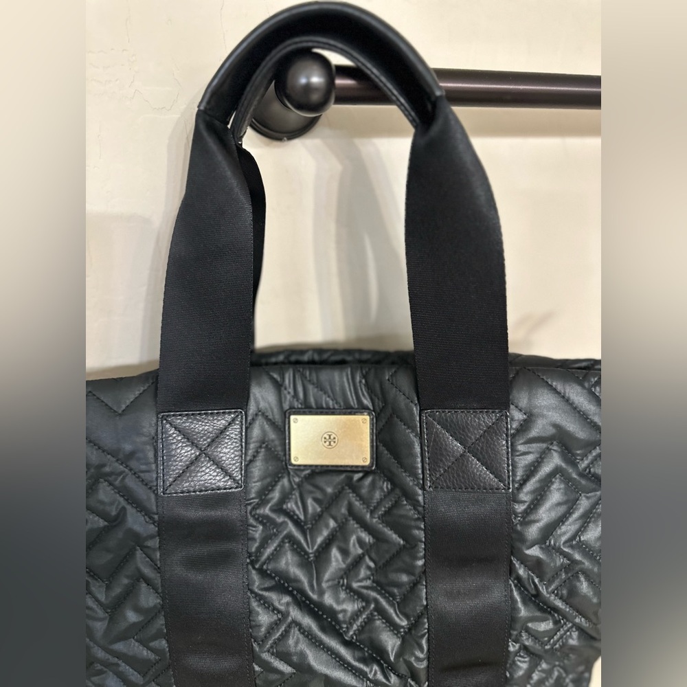 Tory Burch Black Nylon Quilt Tote with make up bag 17W x 10H